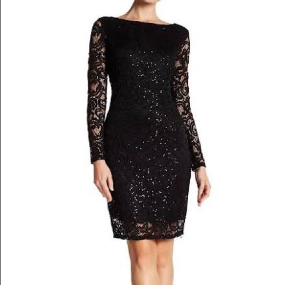 Long sleeve black dress with sequins, nude shell